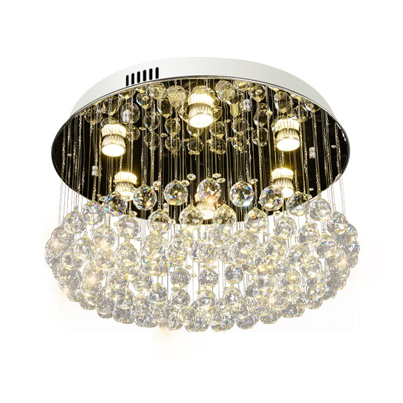 Contemporary Round Crystal Ball Flushmount Ceiling Mount Light - 6 Heads Nickel Fixture
