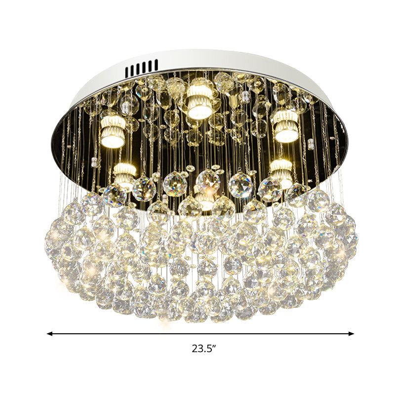 Contemporary Round Crystal Ball Flushmount Ceiling Mount Light - 6 Heads Nickel Fixture