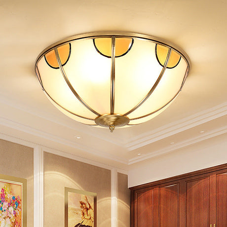 Sandblasted Glass Dome Colonial Brass Ceiling Light - 3-Light Flush Mount For Living Room