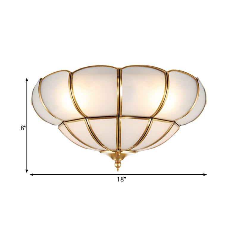 Colonialism Scallop Ceiling Light - 11’/18’ W 3 Bulbs Satin Opal Glass Brass Finish