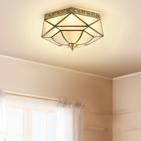Brass Colonial Beveled Flush Mount Ceiling Light With Opaline Glass - Ideal For Bedroom 4 Bulbs