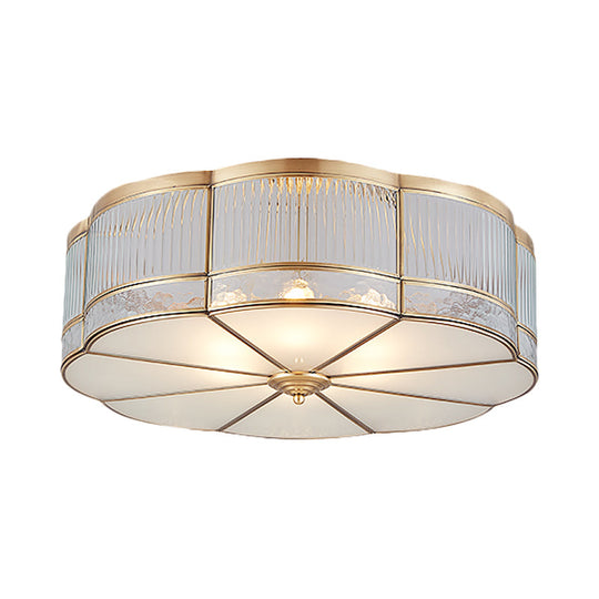 Ribbed Glass Gold Ceiling Flush Mount Lamp - Clover Design With 3/4 Heads Available In 14 Or 18