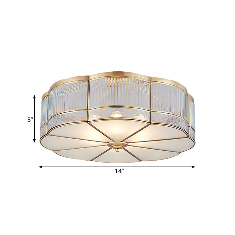 Ribbed Glass Gold Ceiling Flush Mount Lamp - Clover Design With 3/4 Heads Available In 14’ Or