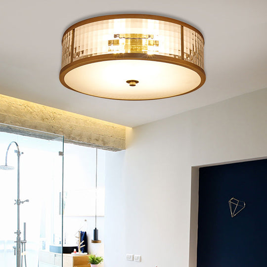 Colonial Brass Drum Ceiling Mount Light Fixture With Frosted Crystal Glass For Bedroom - 3/4/5