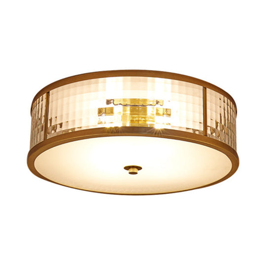 Colonial Brass Drum Ceiling Mount Light Fixture With Frosted Crystal Glass For Bedroom - 3/4/5