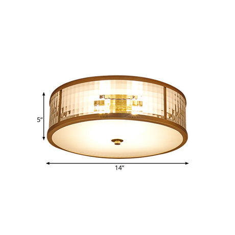Colonial Brass Drum Ceiling Mount Light Fixture With Frosted Crystal Glass For Bedroom - 3/4/5 Bulbs