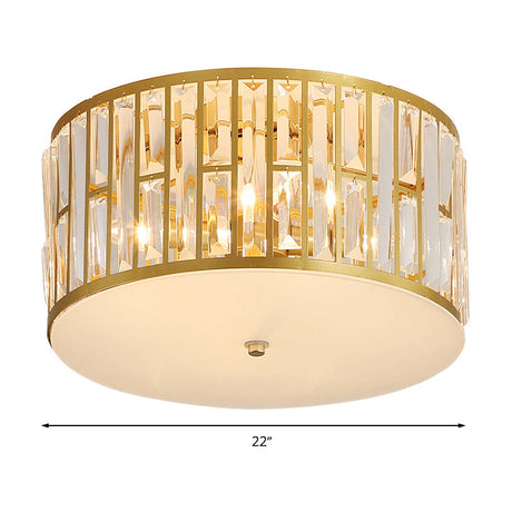 Modern Cut Crystal Gold Drum Flush Mount Ceiling Light With Opal Glass Diffuser - 5 Bulbs 3 Sizes