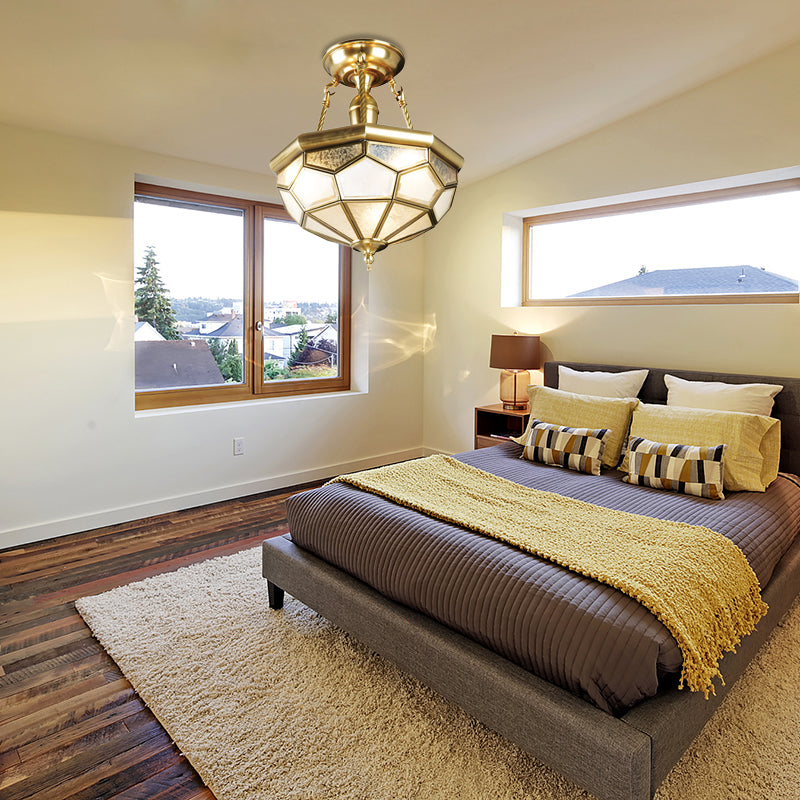 Brass Semi Flush Mount Sandblasted Glass Dome Ceiling Fixture For Dining Room- 3/4 Heads