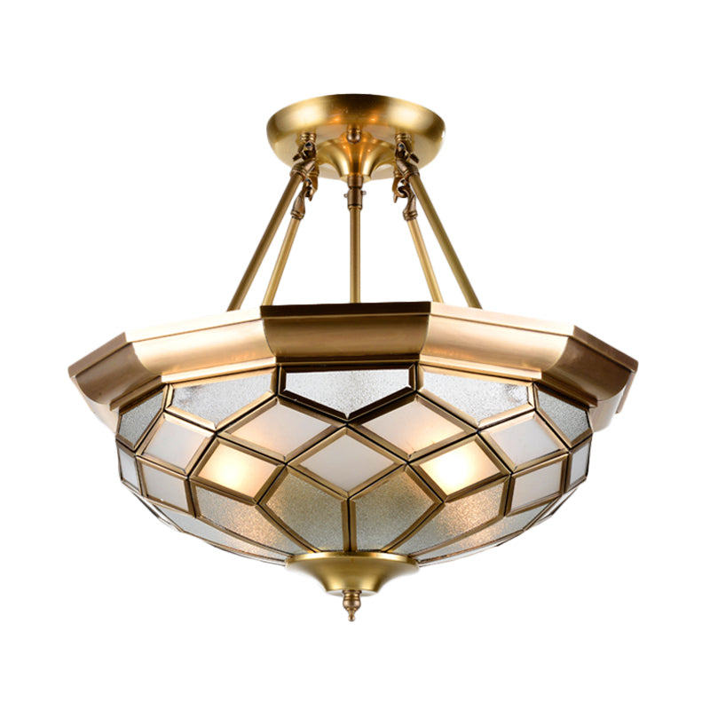 Semi - Mounted Brass Ceiling Light With Seeded Glass For Dining Room - Colonial Dome Design 4 Bulbs