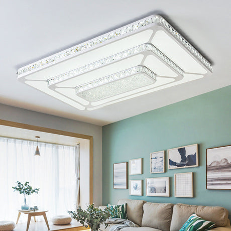 Modern Crystal Led Ceiling Light With White Rectangle Flushmount And Acrylic Diffuser