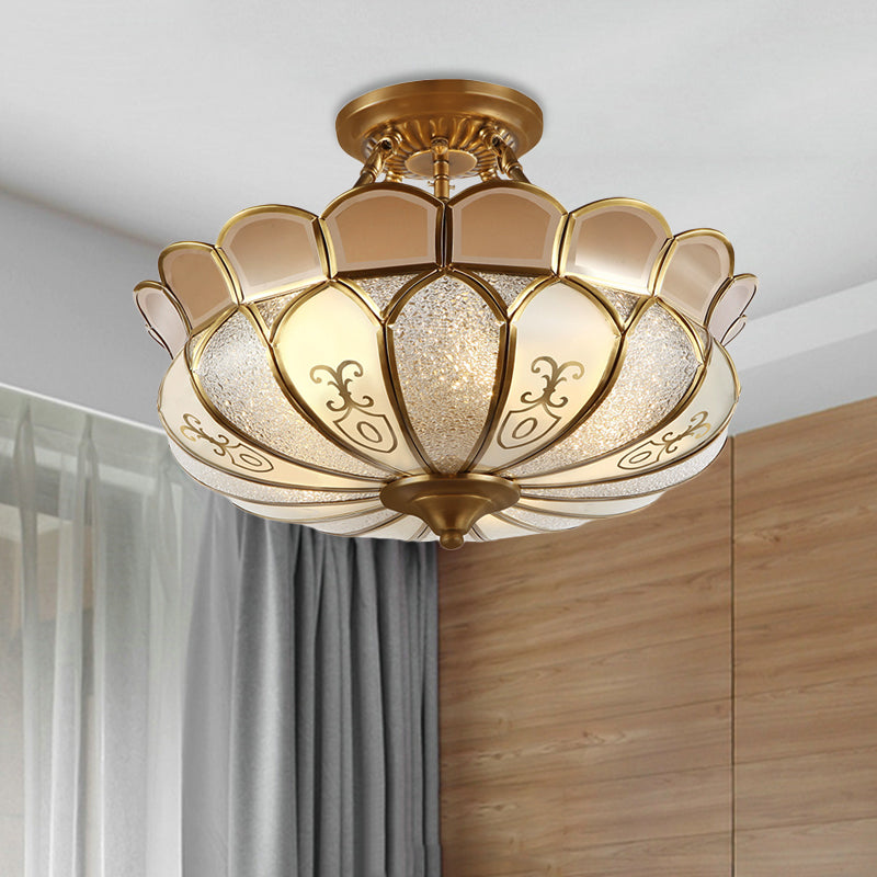 Colonial Brass Dining Room Ceiling Light Fixture - Scalloped Semi - Flush Mount Opaque Glass 4 Bulbs