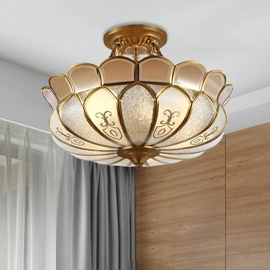 Colonial Brass Dining Room Ceiling Light Fixture - Scalloped Semi - Flush Mount Opaque Glass 4 Bulbs