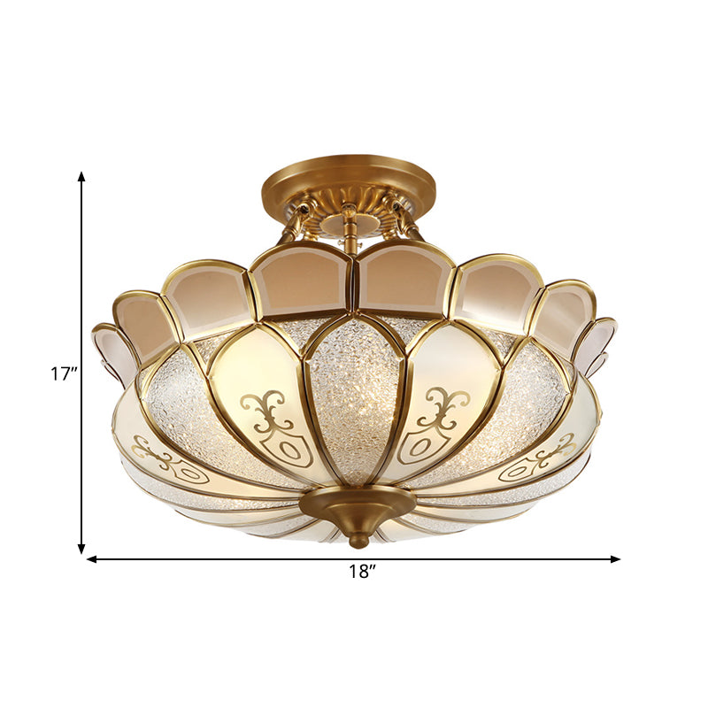 Colonial Brass Dining Room Ceiling Light Fixture - Scalloped Semi - Flush Mount Opaque Glass 4 Bulbs
