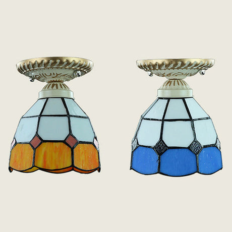 Vintage Stained Glass Dome Ceiling Light Fixture In Orange/Blue For Hallway