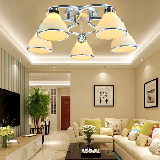 Modern Crystal 5 - Light Cone Semi Flush Ceiling Light In Chrome With Opal Glass Shade For Living