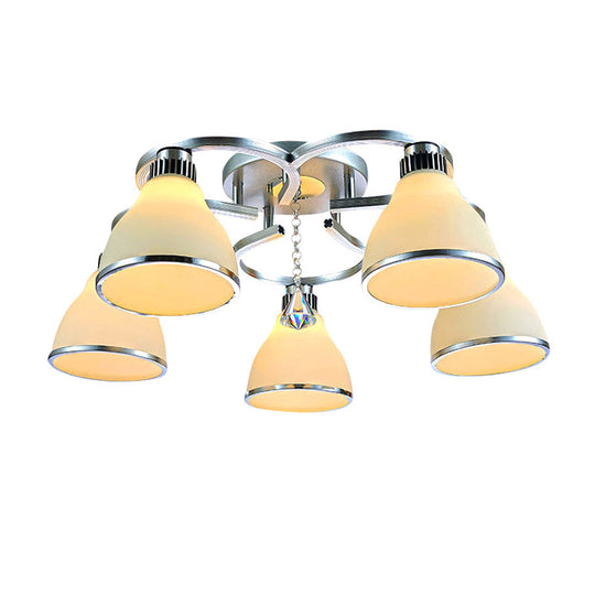Modern Crystal 5 - Light Cone Semi Flush Ceiling Light In Chrome With Opal Glass Shade For Living