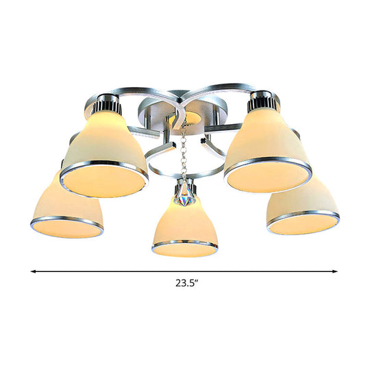 Modern Crystal 5 - Light Cone Semi Flush Ceiling Light In Chrome With Opal Glass Shade For Living
