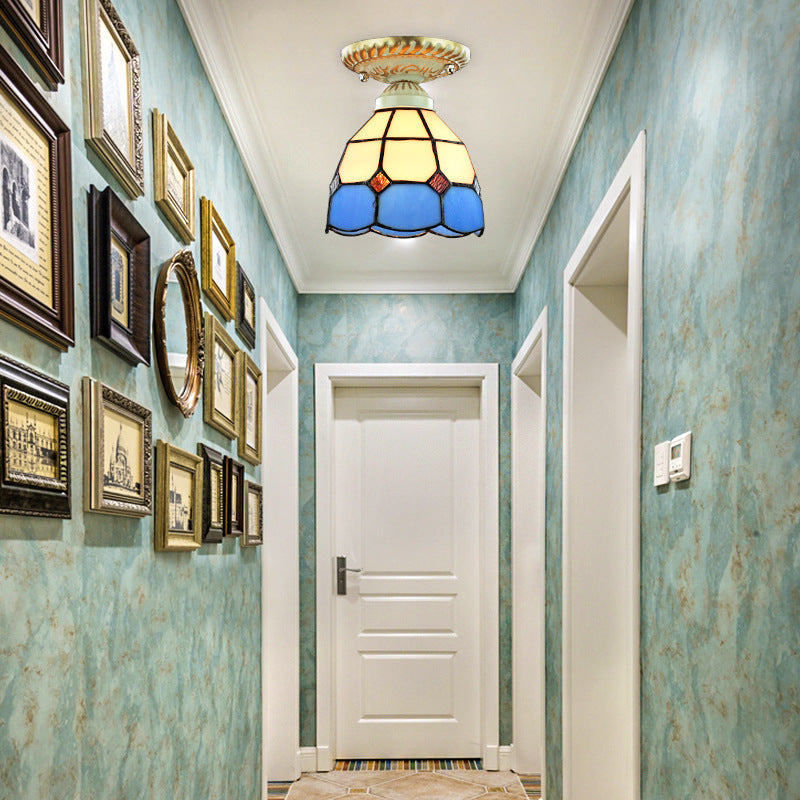 Vintage Stained Glass Dome Ceiling Light Fixture In Orange/Blue For Hallway Blue