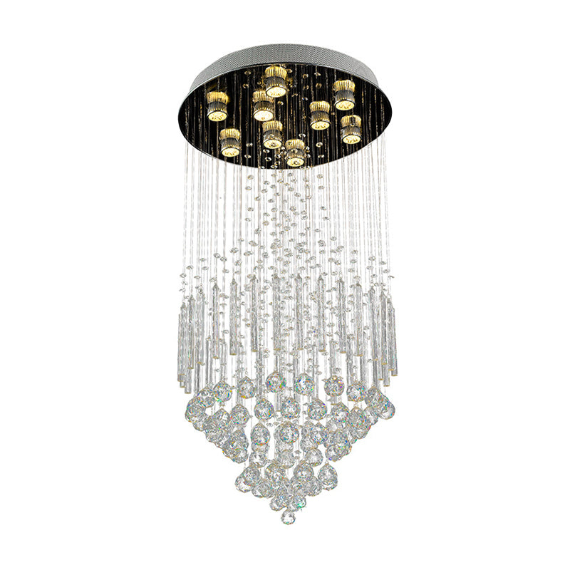 Clear Crystal Conical Flush Mount With 9 Lights - Minimalist White Light For Living Room