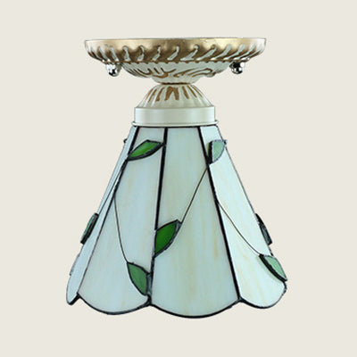 Vintage Conic Stained Glass Ceiling Light In Blue/Beige For Hallway