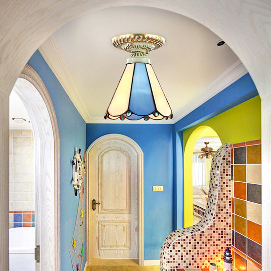 Vintage Conic Stained Glass Ceiling Light In Blue/Beige For Hallway Blue