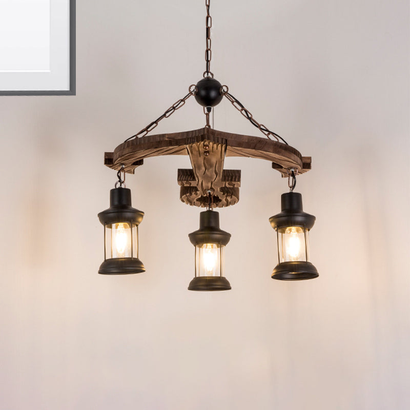 Rustic 3-Light Brown Anchor Chandelier Pendant With Wood And Metal Lantern Shade – Loft Style