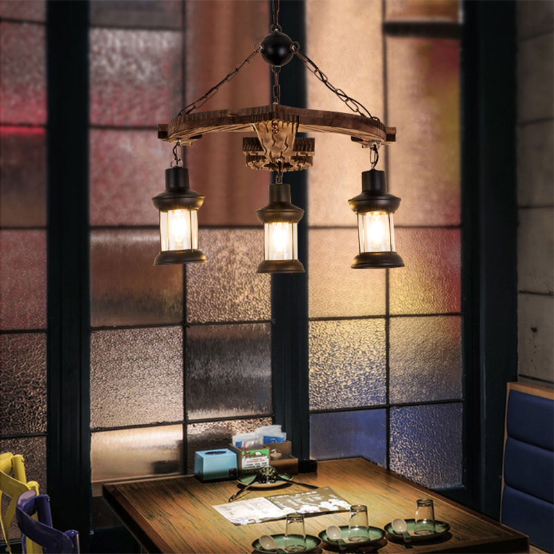 Rustic 3-Light Brown Anchor Chandelier Pendant With Wood And Metal Lantern Shade – Loft Style
