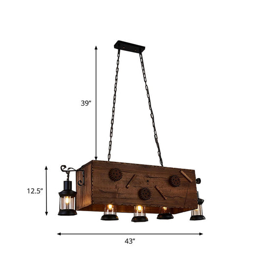 Retro Style Wood And Metal Chandelier: Rectangle Kitchen Light 5 Lights Brown Lantern Shade