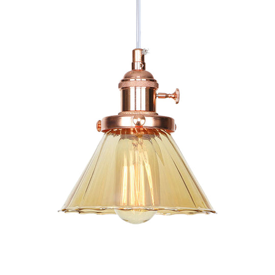Height-Adjustable 1-Light Industrial Conic Pendant Lamp With Amber/Clear Glass For Coffee Shops -