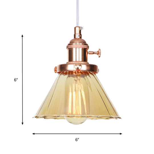 Height-Adjustable 1-Light Industrial Conic Pendant Lamp With Amber/Clear Glass For Coffee Shops -