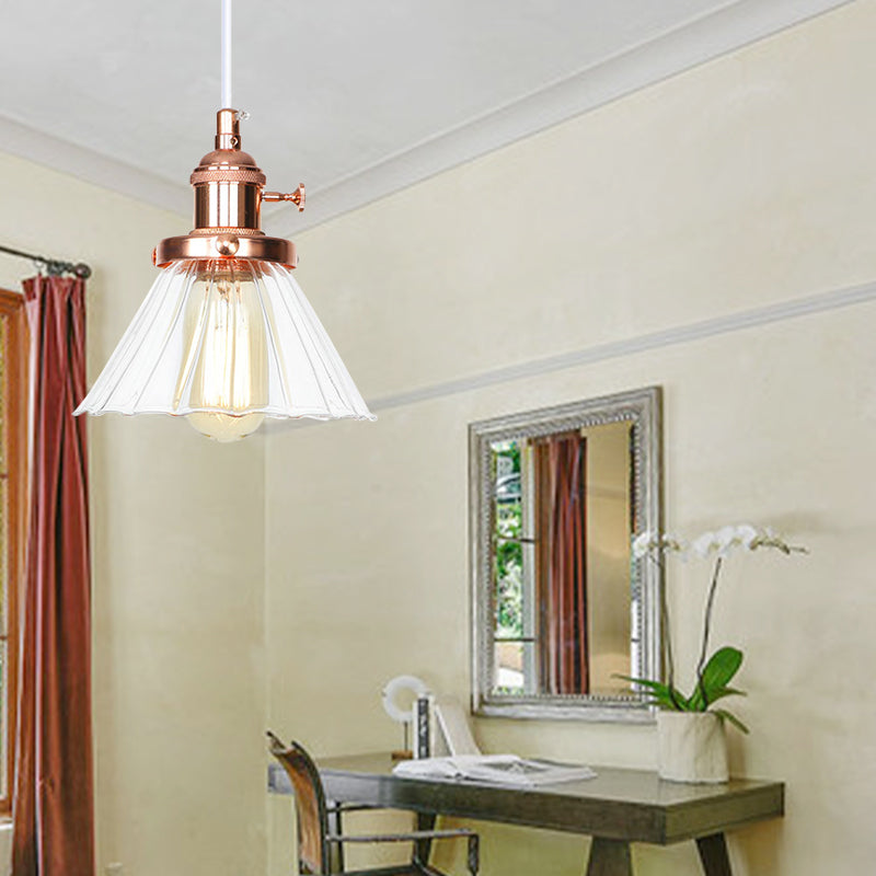 Height-Adjustable 1-Light Industrial Conic Pendant Lamp With Amber/Clear Glass For Coffee Shops -