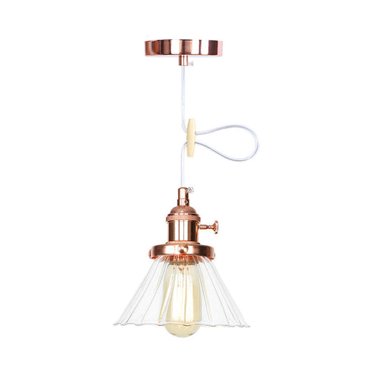 Height-Adjustable 1-Light Industrial Conic Pendant Lamp With Amber/Clear Glass For Coffee Shops -