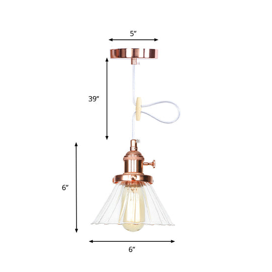 Height-Adjustable 1-Light Industrial Conic Pendant Lamp With Amber/Clear Glass For Coffee Shops -