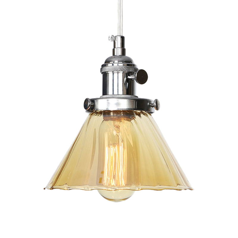 Height-Adjustable 1-Light Industrial Conic Pendant Lamp With Amber/Clear Glass For Coffee Shops -