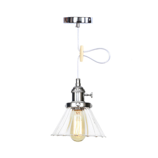 Height-Adjustable 1-Light Industrial Conic Pendant Lamp With Amber/Clear Glass For Coffee Shops -