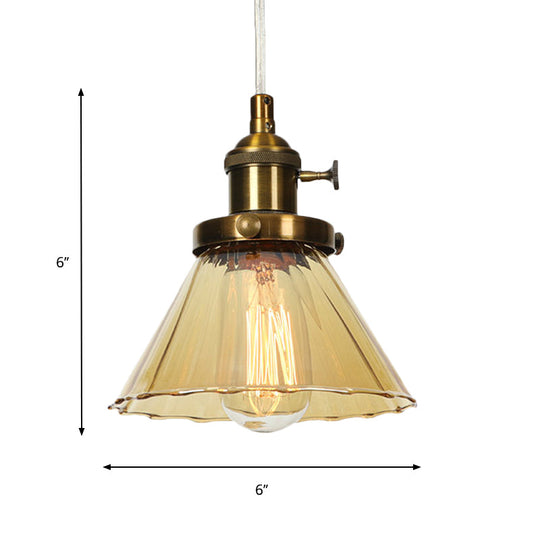 Height-Adjustable 1-Light Industrial Conic Pendant Lamp With Amber/Clear Glass For Coffee Shops -