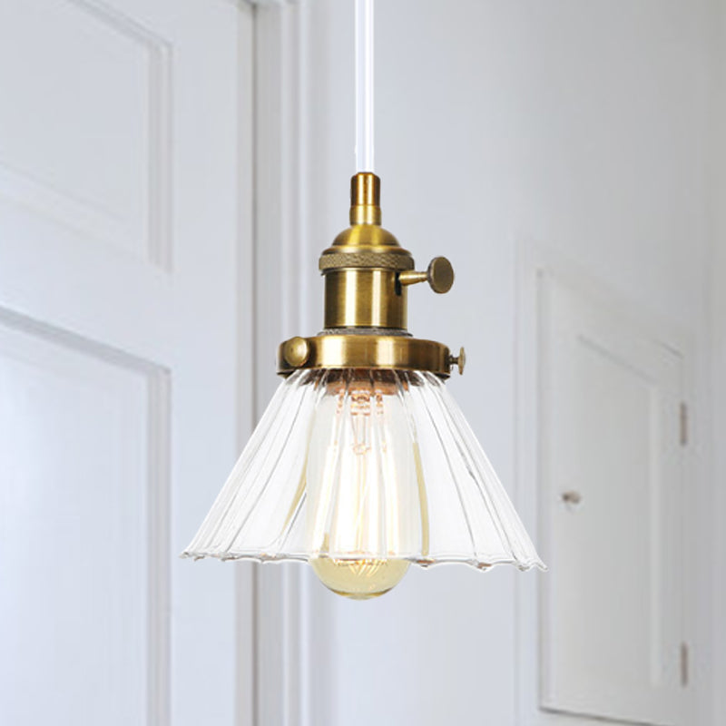 Height-Adjustable 1-Light Industrial Conic Pendant Lamp With Amber/Clear Glass For Coffee Shops -