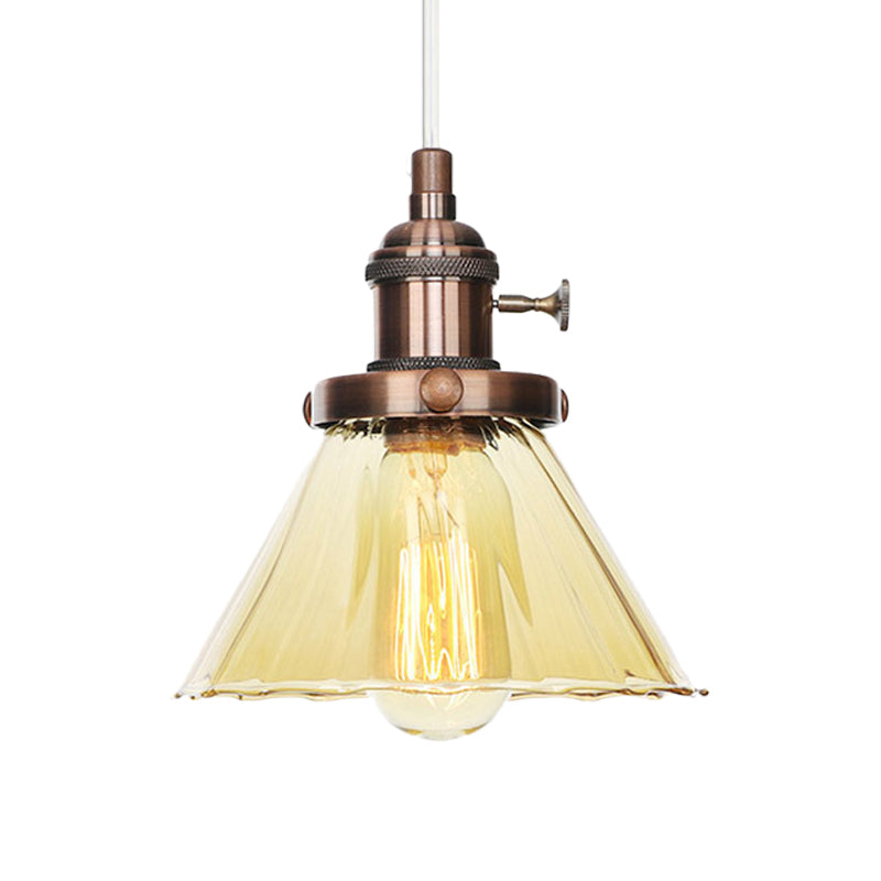 Height-Adjustable 1-Light Industrial Conic Pendant Lamp With Amber/Clear Glass For Coffee Shops -