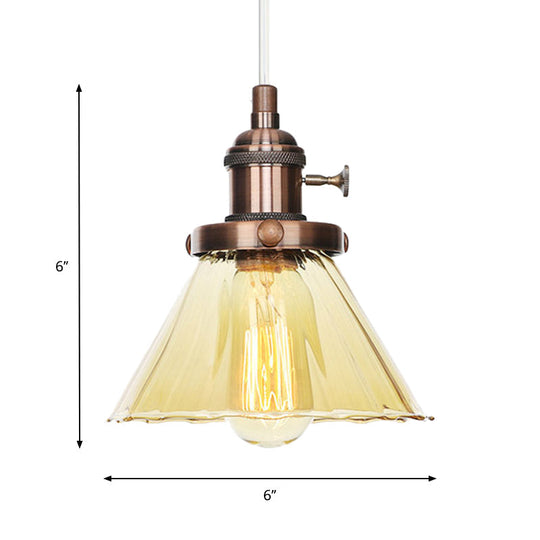 Height-Adjustable 1-Light Industrial Conic Pendant Lamp With Amber/Clear Glass For Coffee Shops -