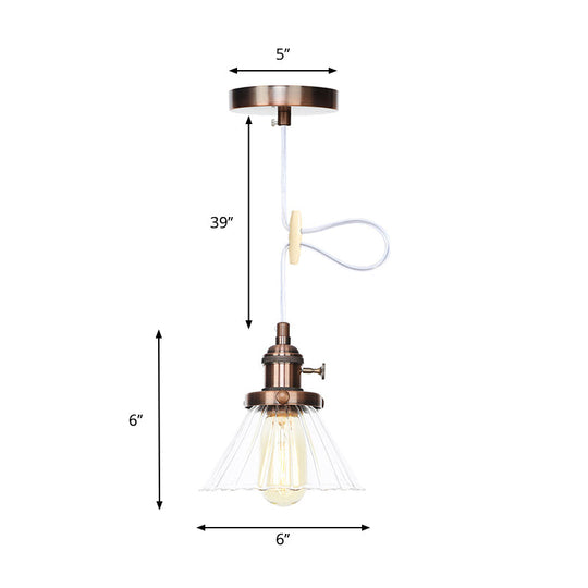 Height-Adjustable 1-Light Industrial Conic Pendant Lamp With Amber/Clear Glass For Coffee Shops -