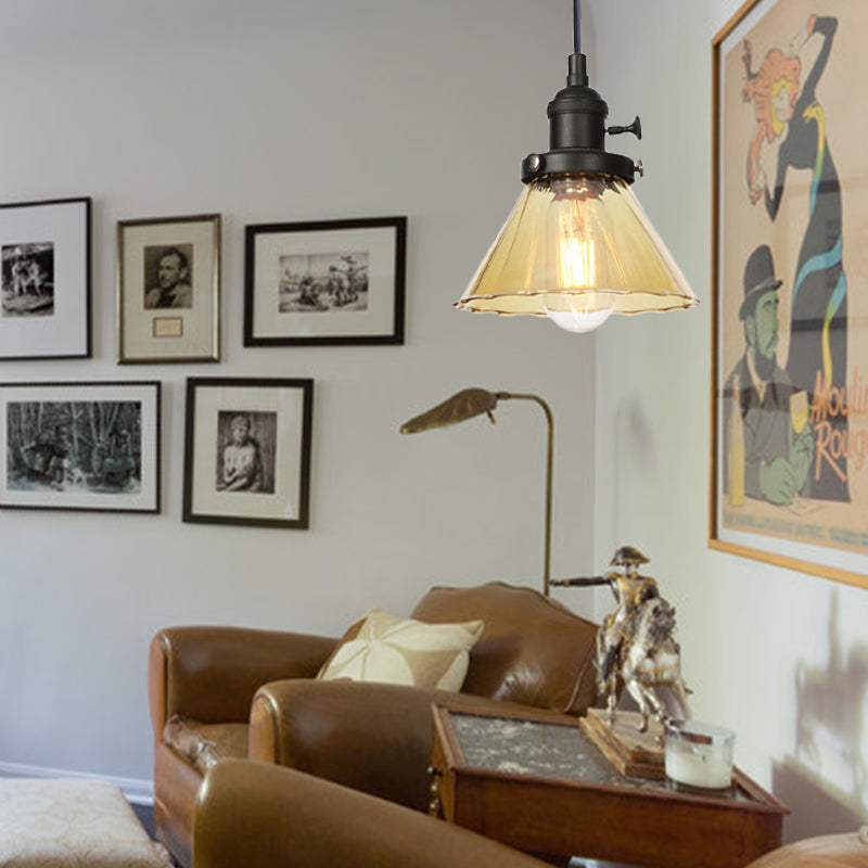 Height-Adjustable 1-Light Industrial Conic Pendant Lamp With Amber/Clear Glass For Coffee Shops -