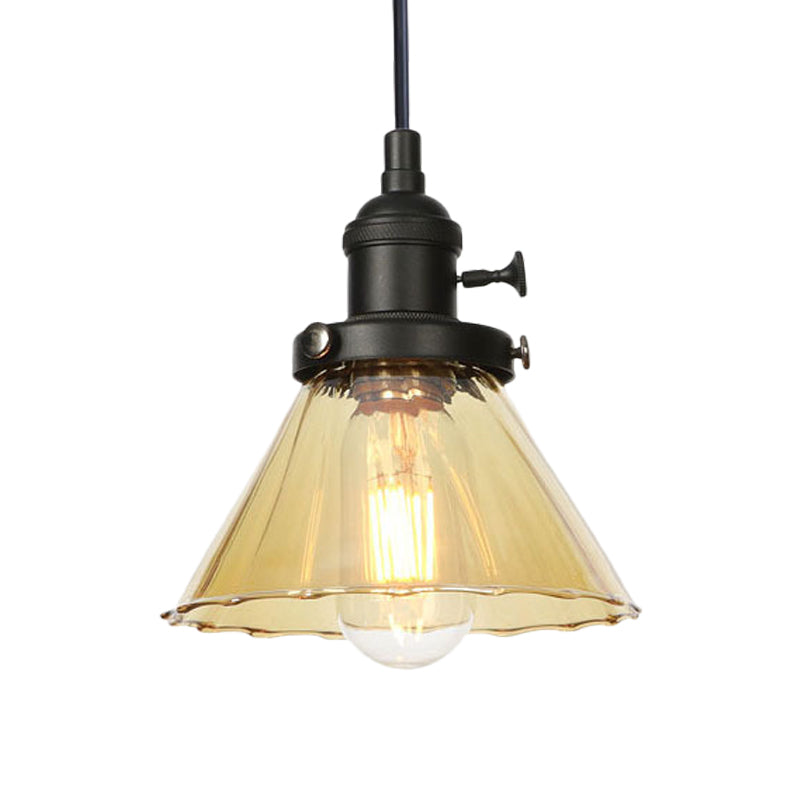 Height-Adjustable 1-Light Industrial Conic Pendant Lamp With Amber/Clear Glass For Coffee Shops -