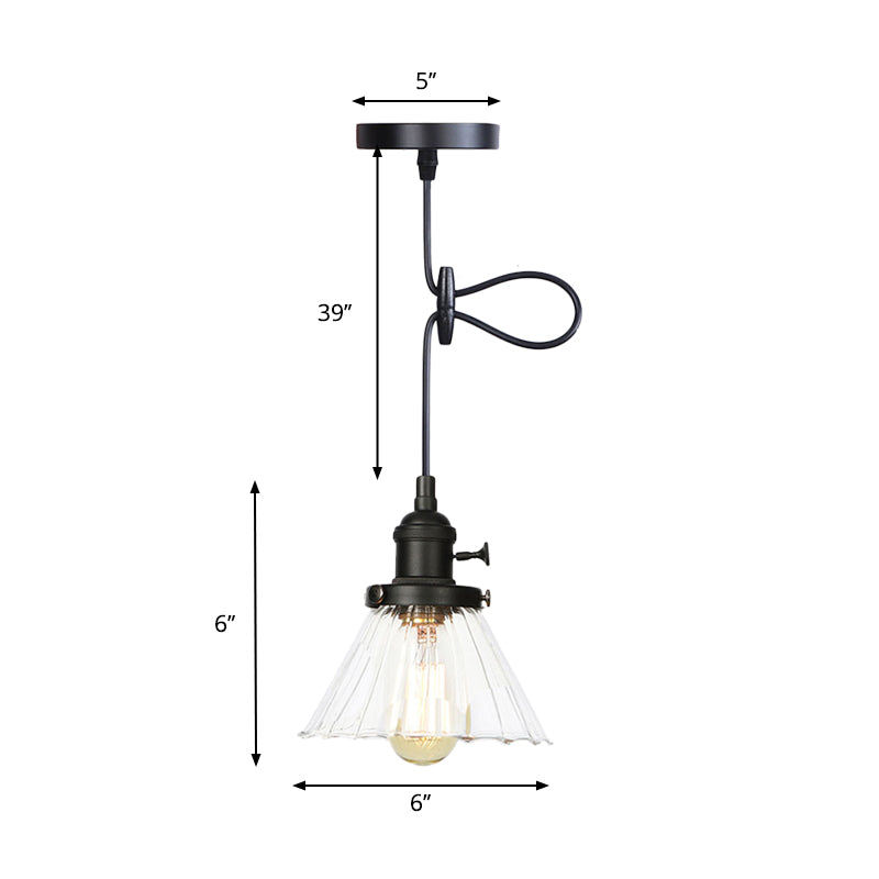 Height-Adjustable 1-Light Industrial Conic Pendant Lamp With Amber/Clear Glass For Coffee Shops -