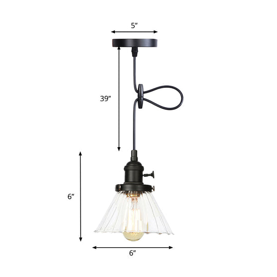 Height-Adjustable 1-Light Industrial Conic Pendant Lamp With Amber/Clear Glass For Coffee Shops -