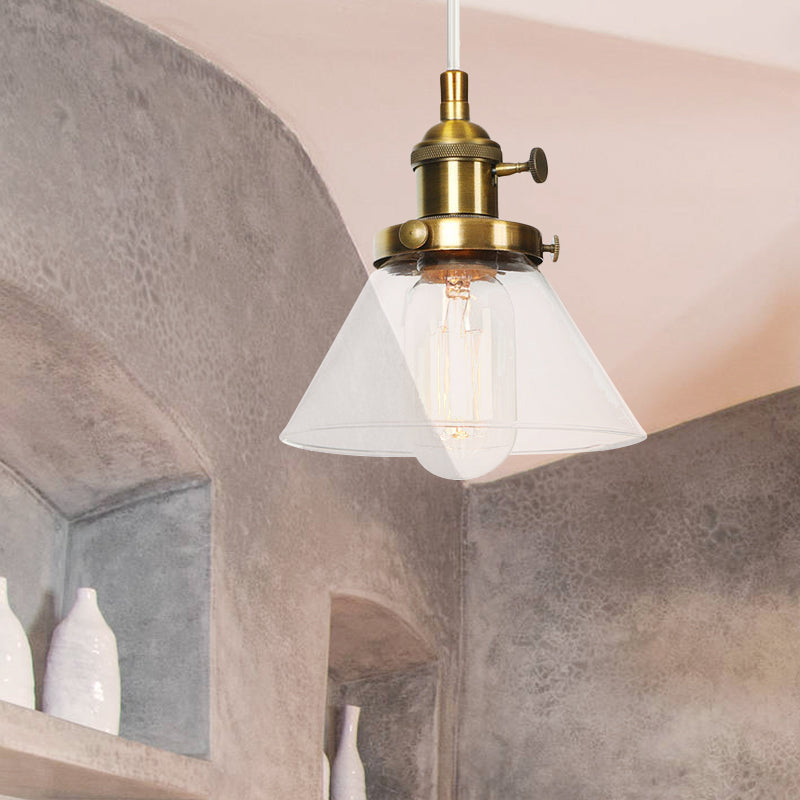 Vintage Style Conical Hanging Pendant Light With Amber/Clear Glass And Metal Head In