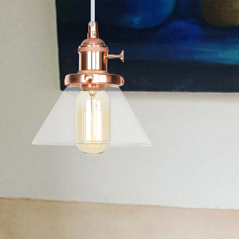 Vintage Style Conical Hanging Pendant Light With Amber/Clear Glass And Metal Head In