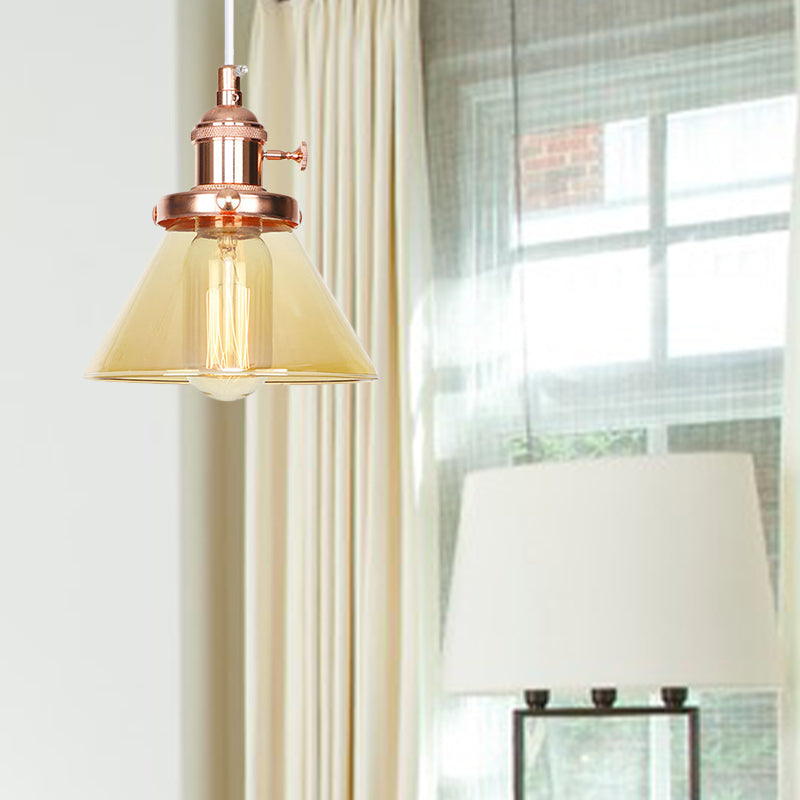 Vintage Style Conical Hanging Pendant Light With Amber/Clear Glass And Metal Head In