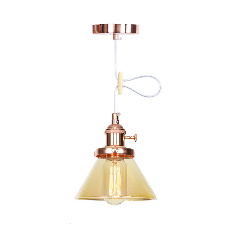 Vintage Style Conical Hanging Pendant Light With Amber/Clear Glass And Metal Head In