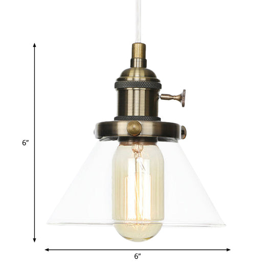 Vintage Style Conical Hanging Pendant Light With Amber/Clear Glass And Metal Head In