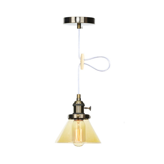 Vintage Style Conical Hanging Pendant Light With Amber/Clear Glass And Metal Head In